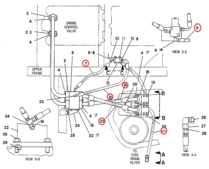 Caterpillar CAT®225B installation diagram showing hydraulic hose 2V-8571 at Pipe No. 5