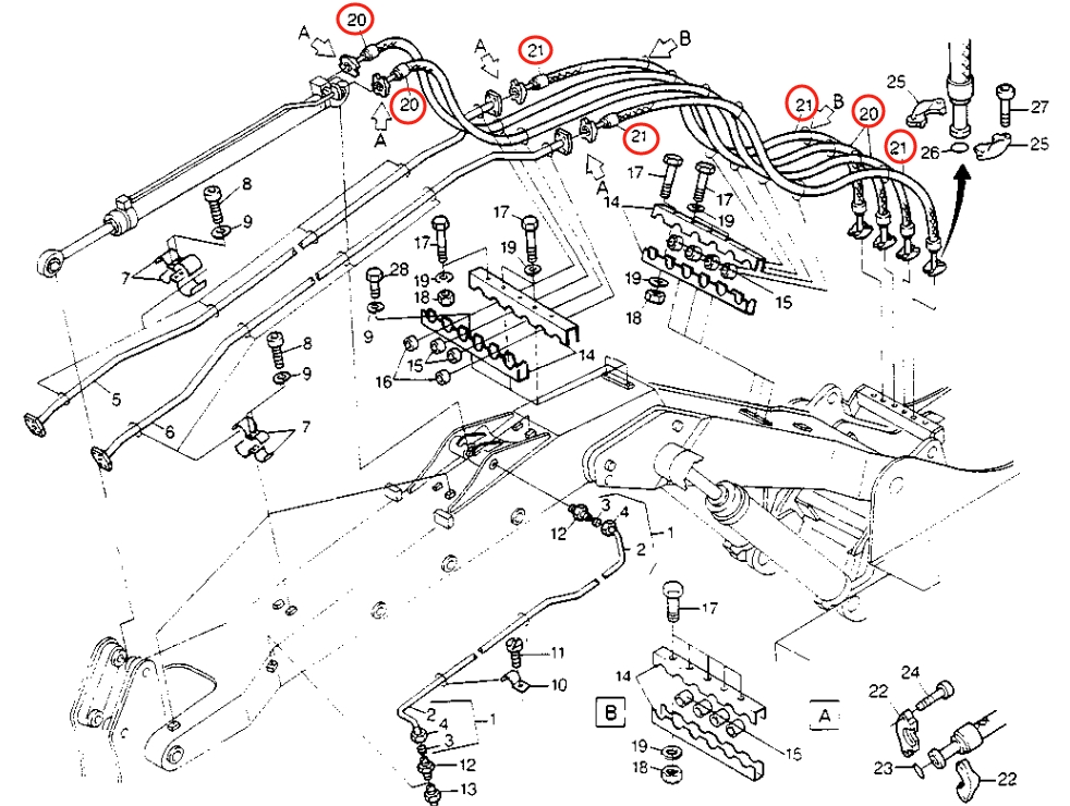 Caterpillar CAT®213B installation diagram showing hydraulic hose 8U-0493 at Pipe No. 20