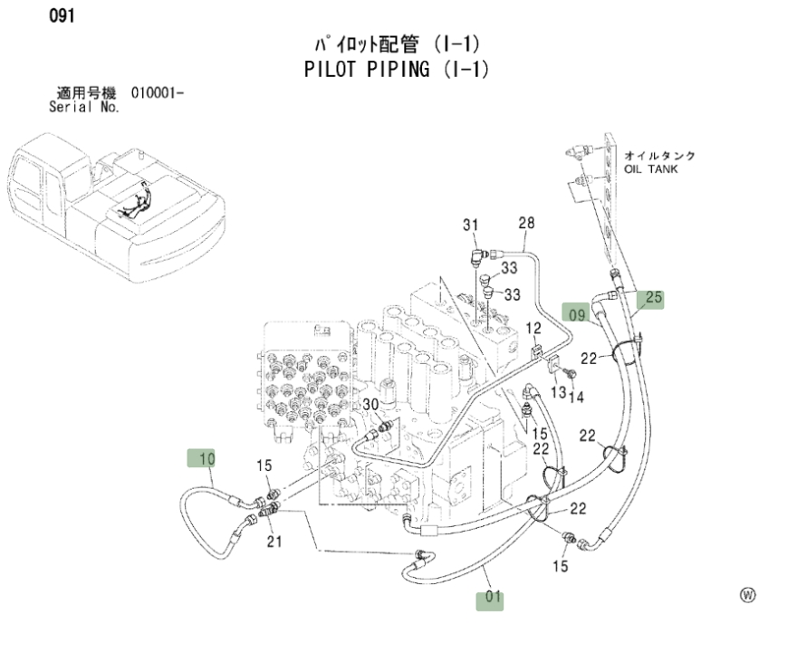 Hitachi ZX230 installation diagram showing hydraulic hose 4444735 at Pipe No. 25