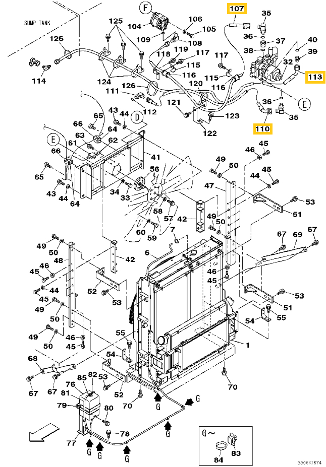 Case CX470B installation diagram showing hydraulic hose KHJ12010 at Pipe No. 113