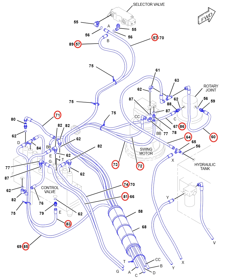 Caterpillar CAT®315-A installation diagram showing hydraulic hose 7I-0927 at Pipe No. 73