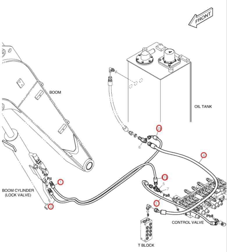 Doosan DX35Z installation diagram showing hydraulic hose DS2093115 at Pipe No. 3