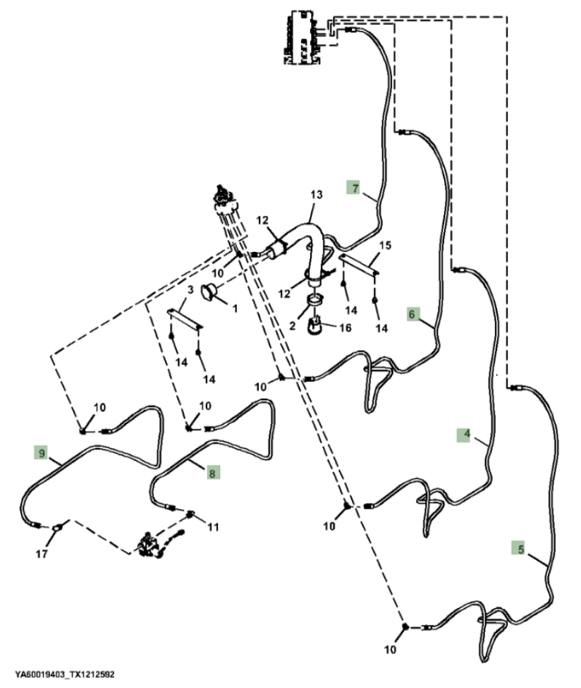 Hitachi ZX370F-FE-6N installation diagram showing hydraulic hose 4707585 at Pipe No. 9