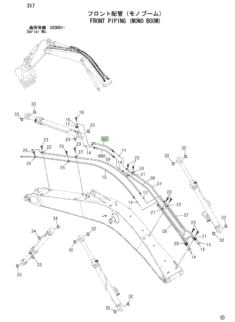 Hitachi ZX270LC installation diagram showing hydraulic hose 4272697 at Pipe No. 11