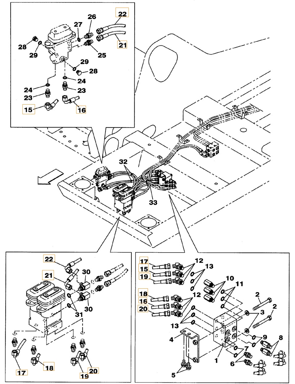 Case CX160B installation diagram showing hydraulic hose KHJ2179 at Pipe No. 16