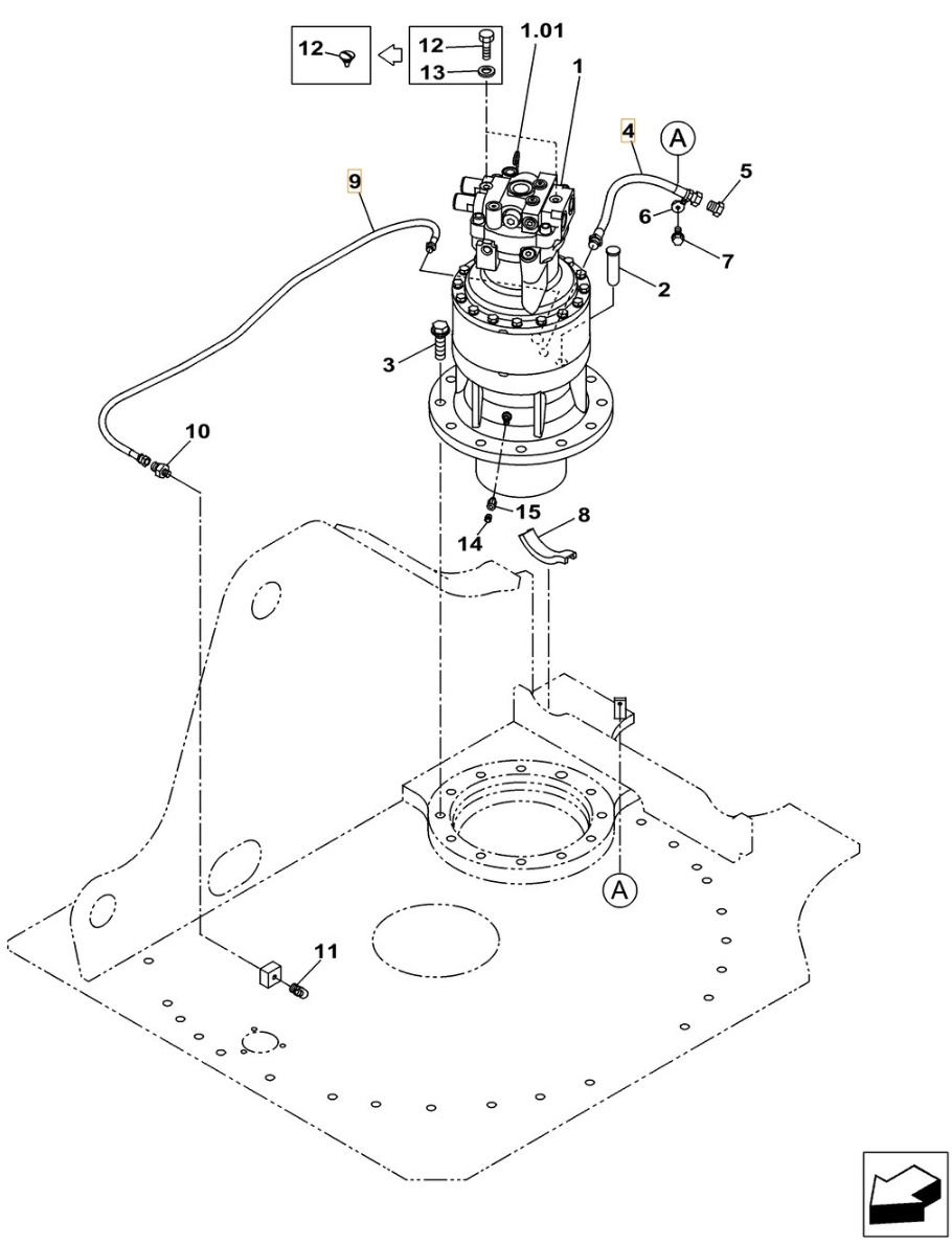 Case CX210C installation diagram showing hydraulic hose KHJ14930 at Pipe No. 9