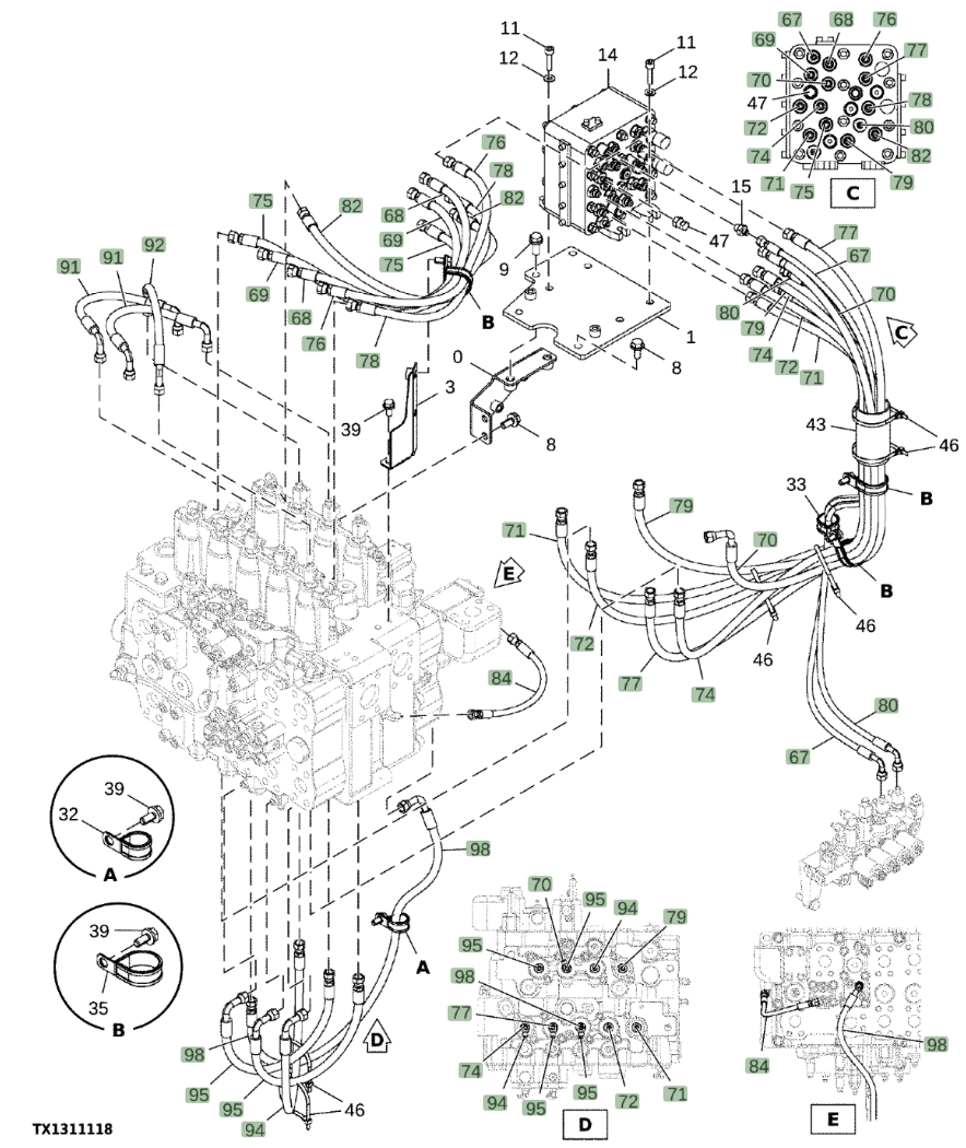 Hitachi EX1200-7 installation diagram showing hydraulic hose 4455438 at Pipe No. 80