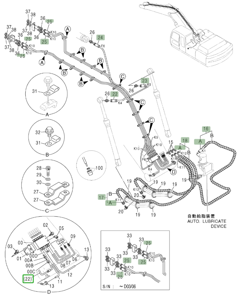 Hitachi ZX370 installation diagram showing hydraulic hose 4374427 at Pipe No. 24