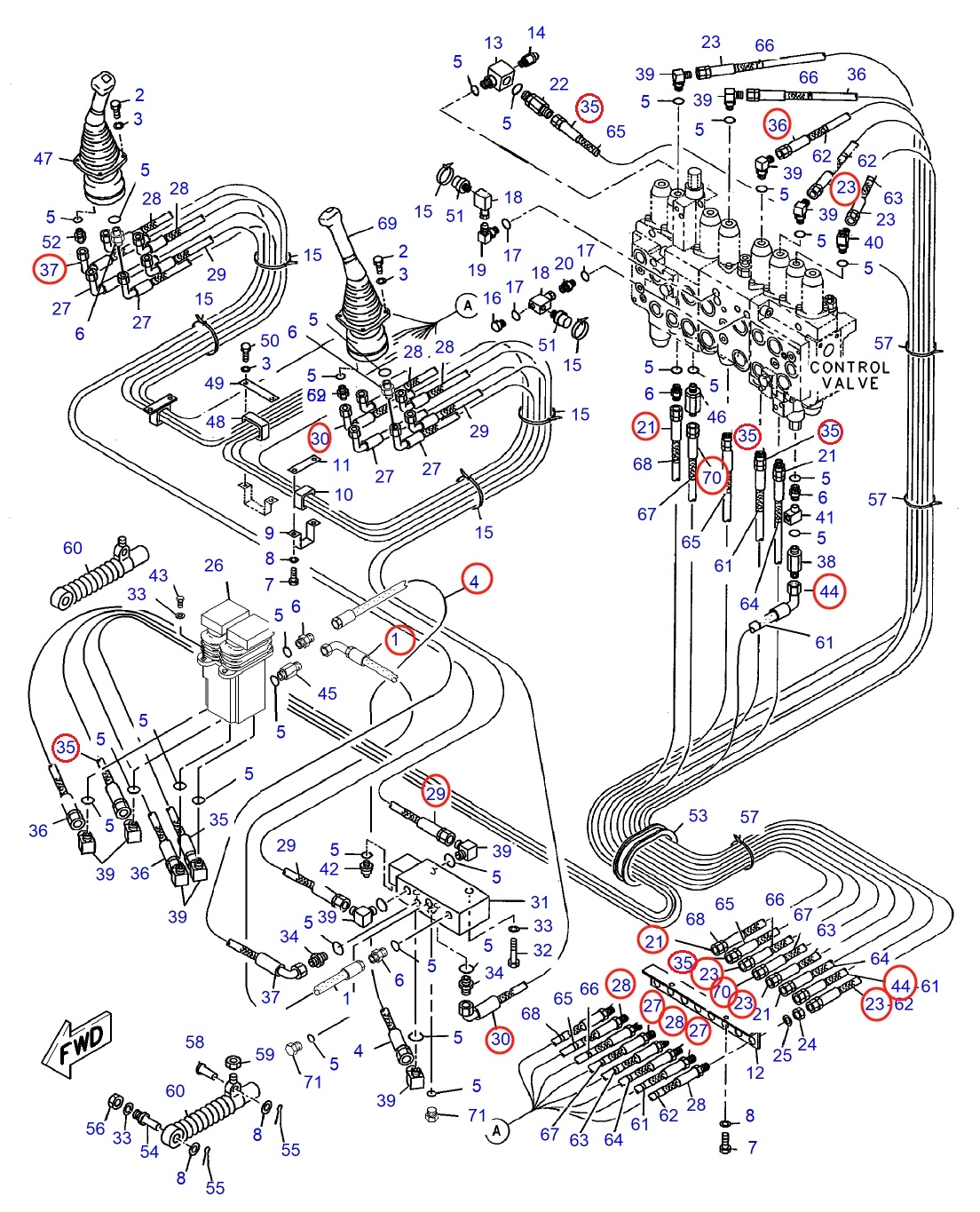 Caterpillar CAT®312-A installation diagram showing hydraulic hose 7I-0175 at Pipe No. 21