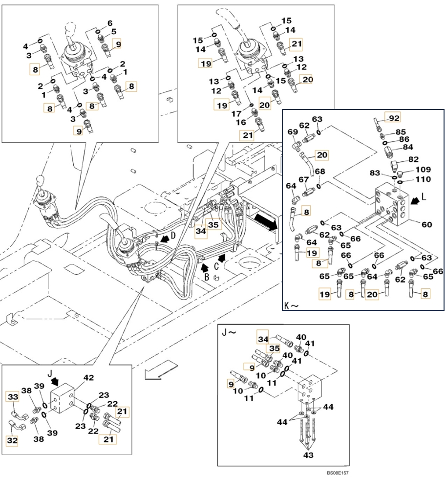 Case CX350B installation diagram showing hydraulic hose 159213A1 at Pipe No. 21