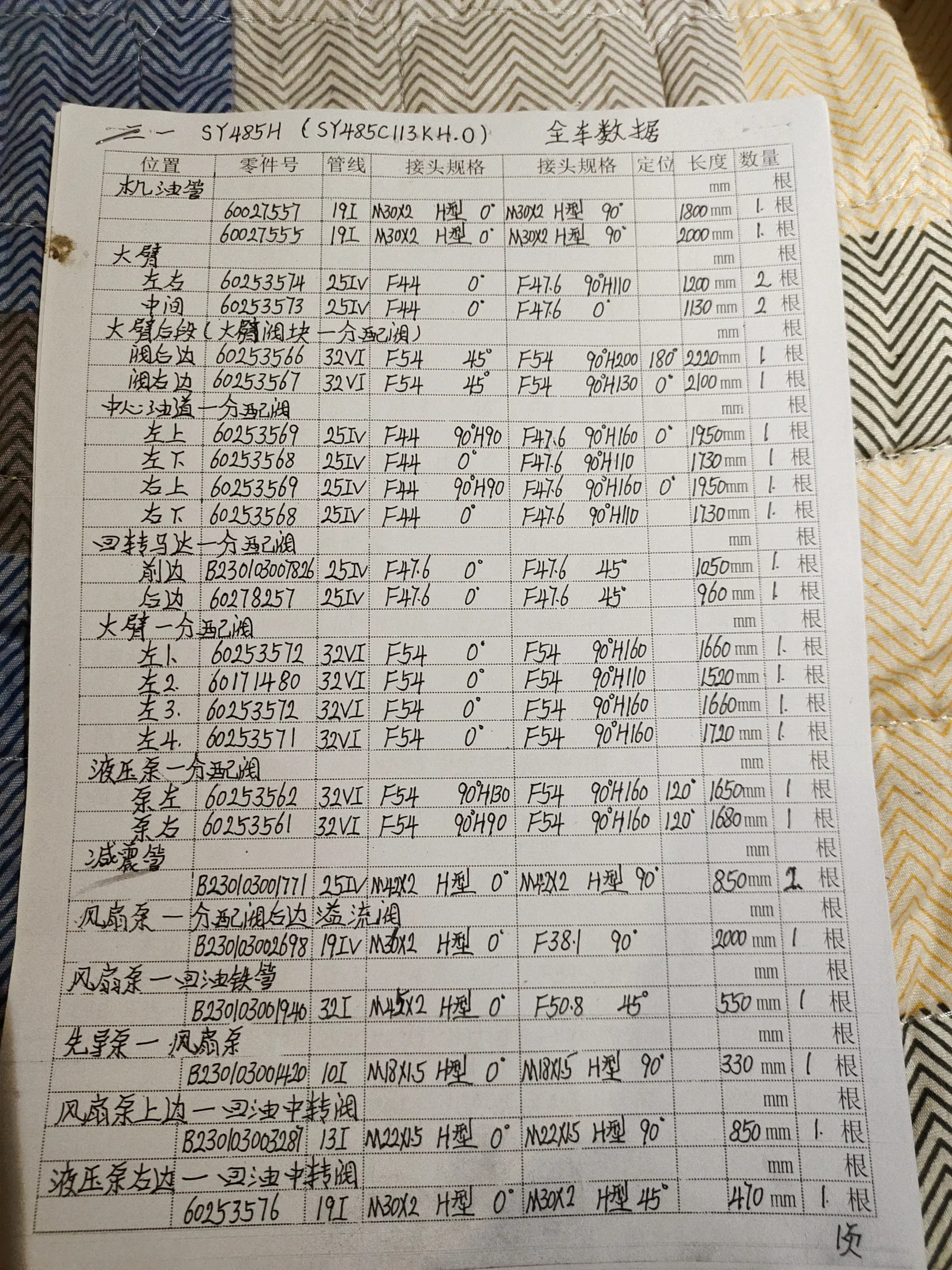 SANY SY485H hydraulic hose part numbers and recorded lengths — technician notebook page 1 of 5