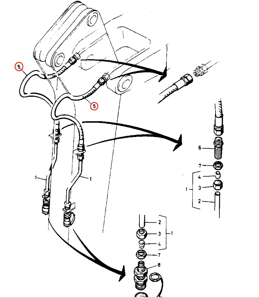 Caterpillar CAT®205 installation diagram showing hydraulic hose 5W-4887 at Pipe No. 5