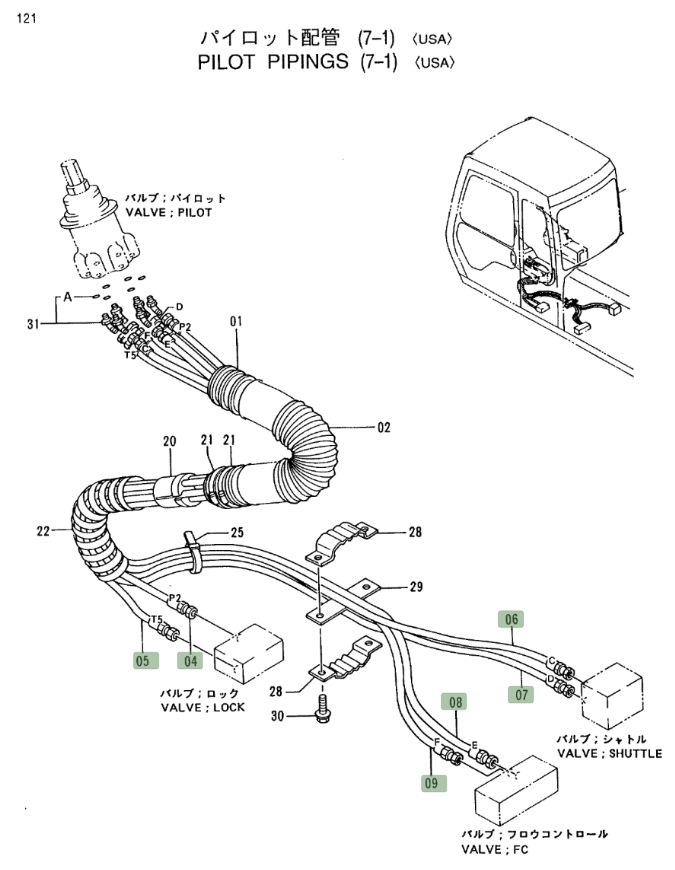 Hitachi EX400LC-3 installation diagram showing hydraulic hose 4304412 at Pipe No. 5