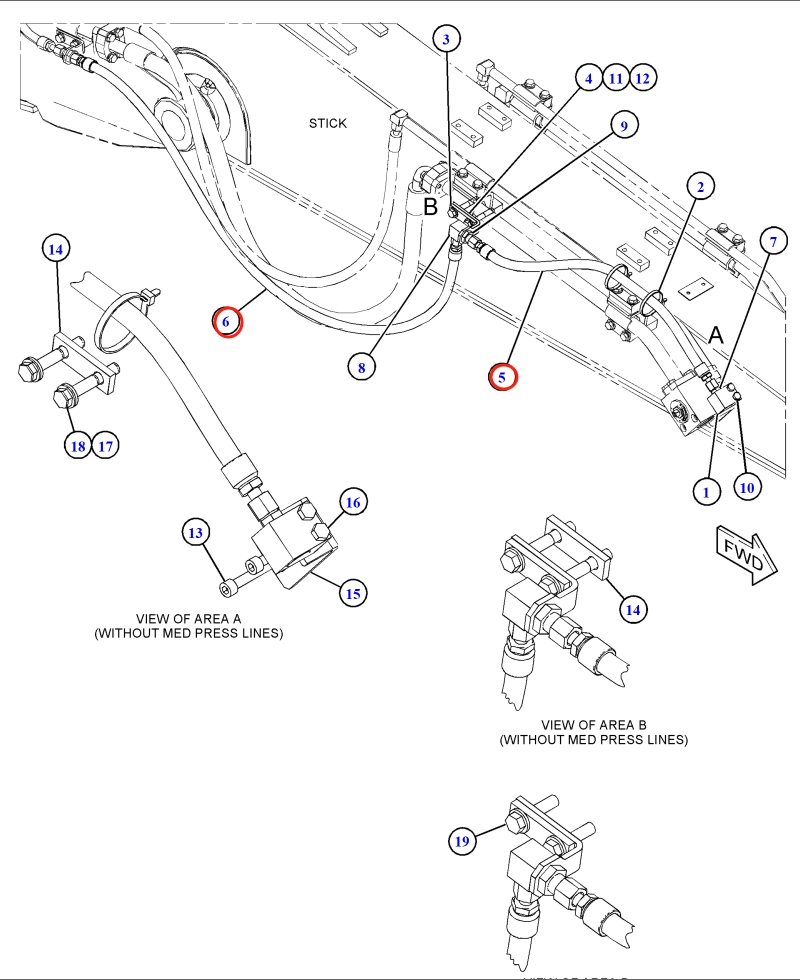 Caterpillar CAT®315F LCR installation diagram showing hydraulic hose 262-3555 at Pipe No. 5
