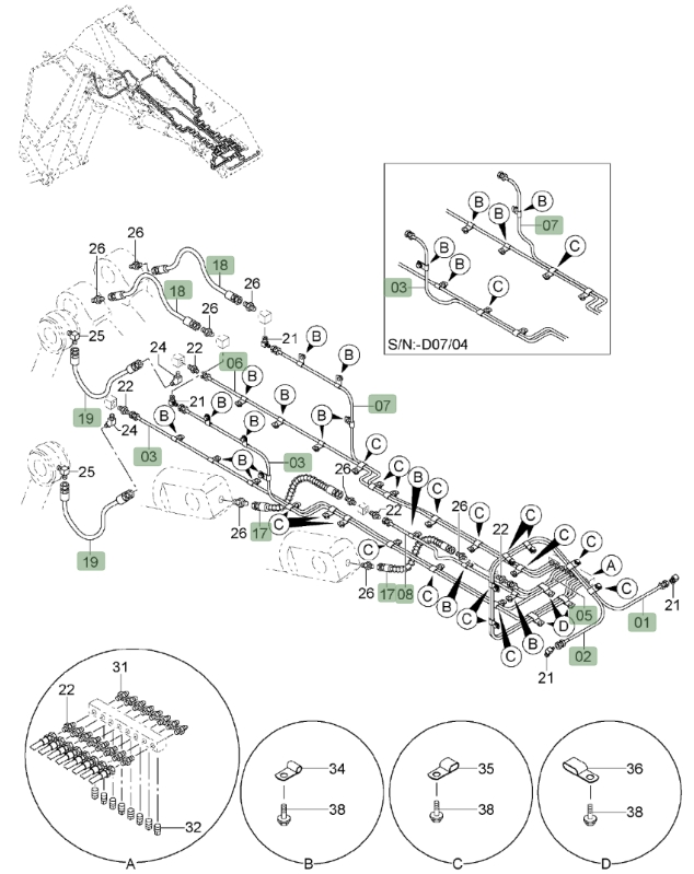 Hitachi ZX850LC-3 installation diagram showing hydraulic hose 4367714 at Pipe No. 19