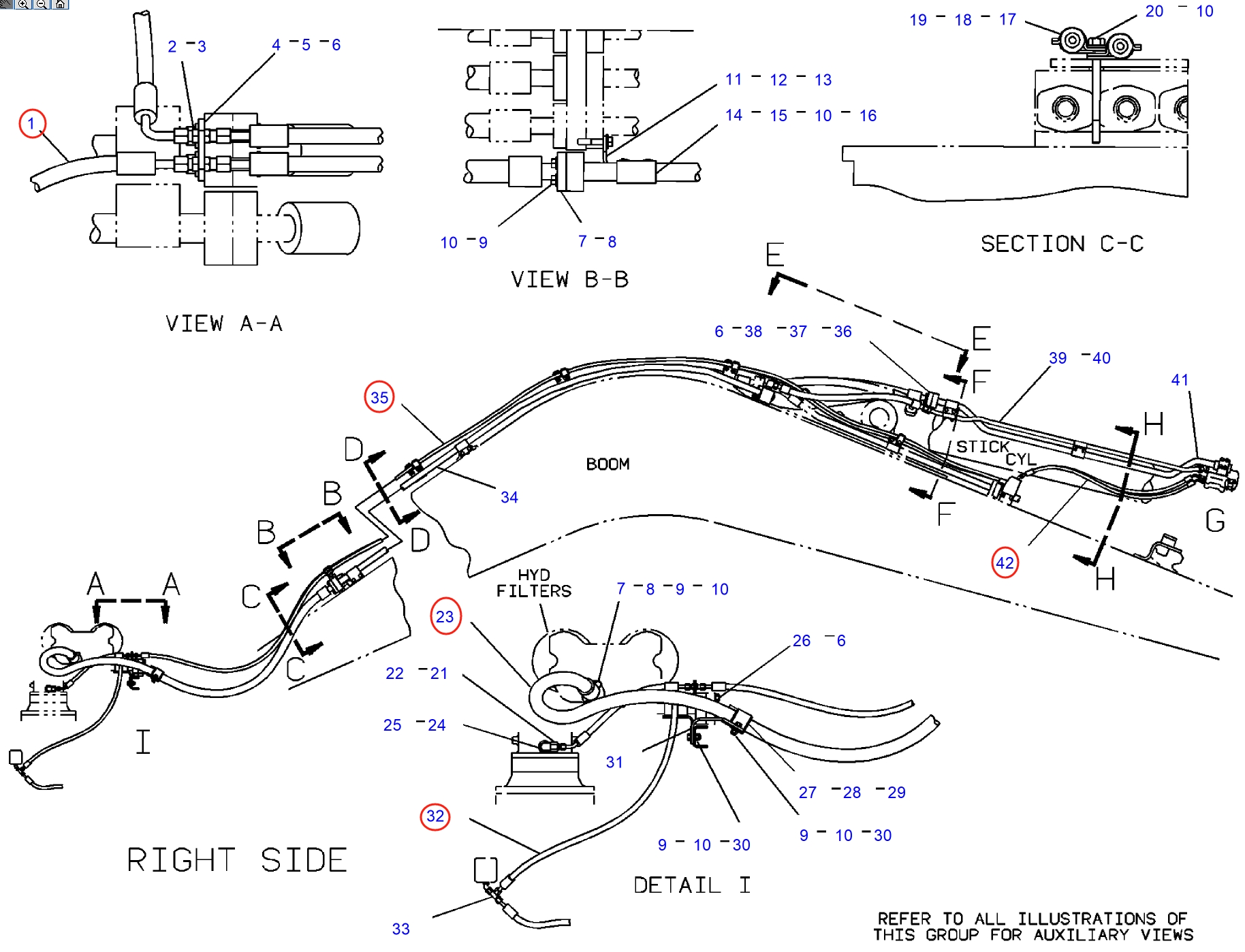 Caterpillar CAT®245D installation diagram showing hydraulic hose 9C-1956 at Pipe No. 35
