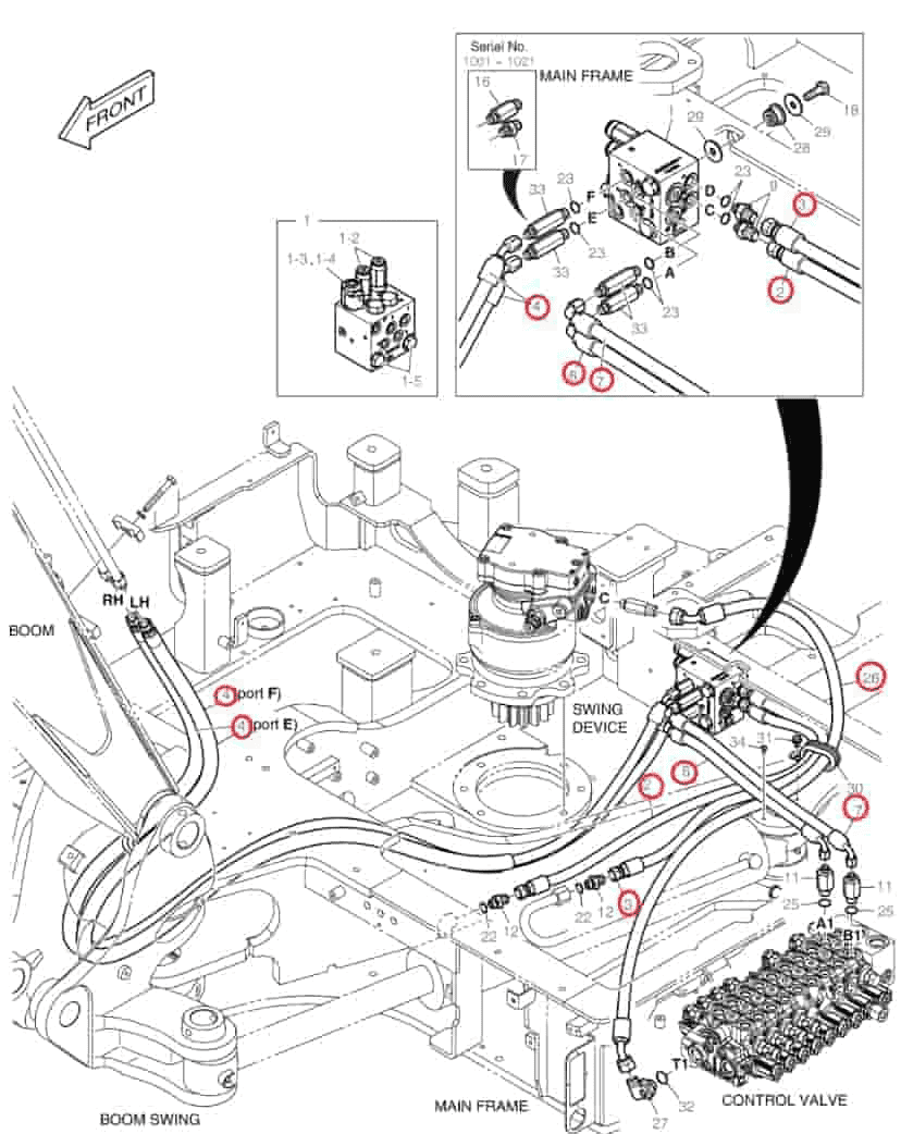Doosan DX63-3 installation diagram showing hydraulic hose DS2133009 at Pipe No. 6