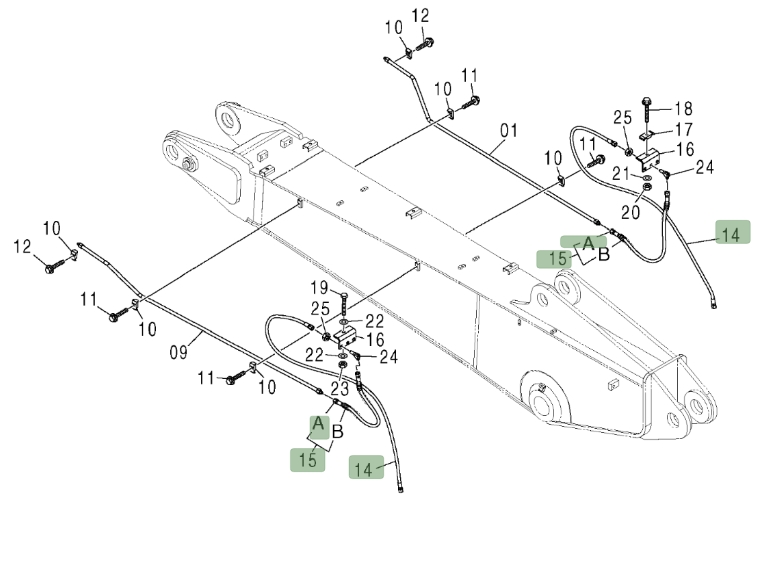 Hitachi ZX200LC installation diagram showing hydraulic hose 9224866 at Pipe No. 15