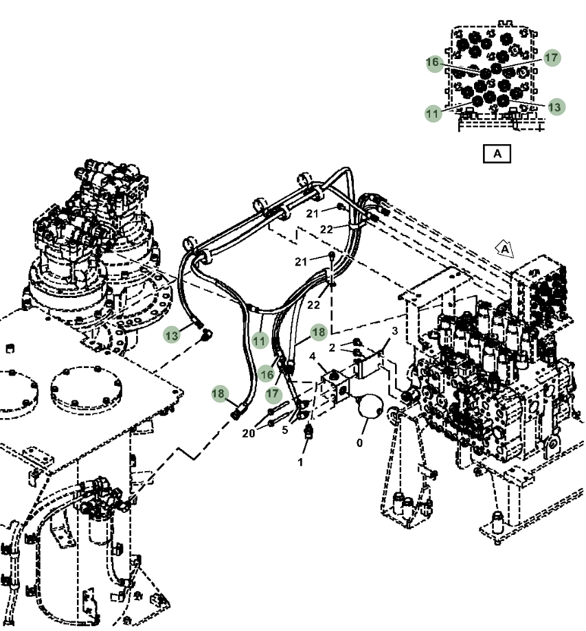 Hitachi ZX470LC-6 installation diagram showing hydraulic hose 4713510 at Pipe No. 17