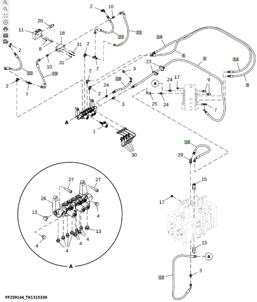 Hitachi ZX370FLC-LL-6N installation diagram showing hydraulic hose FF502640 at Pipe No. 6