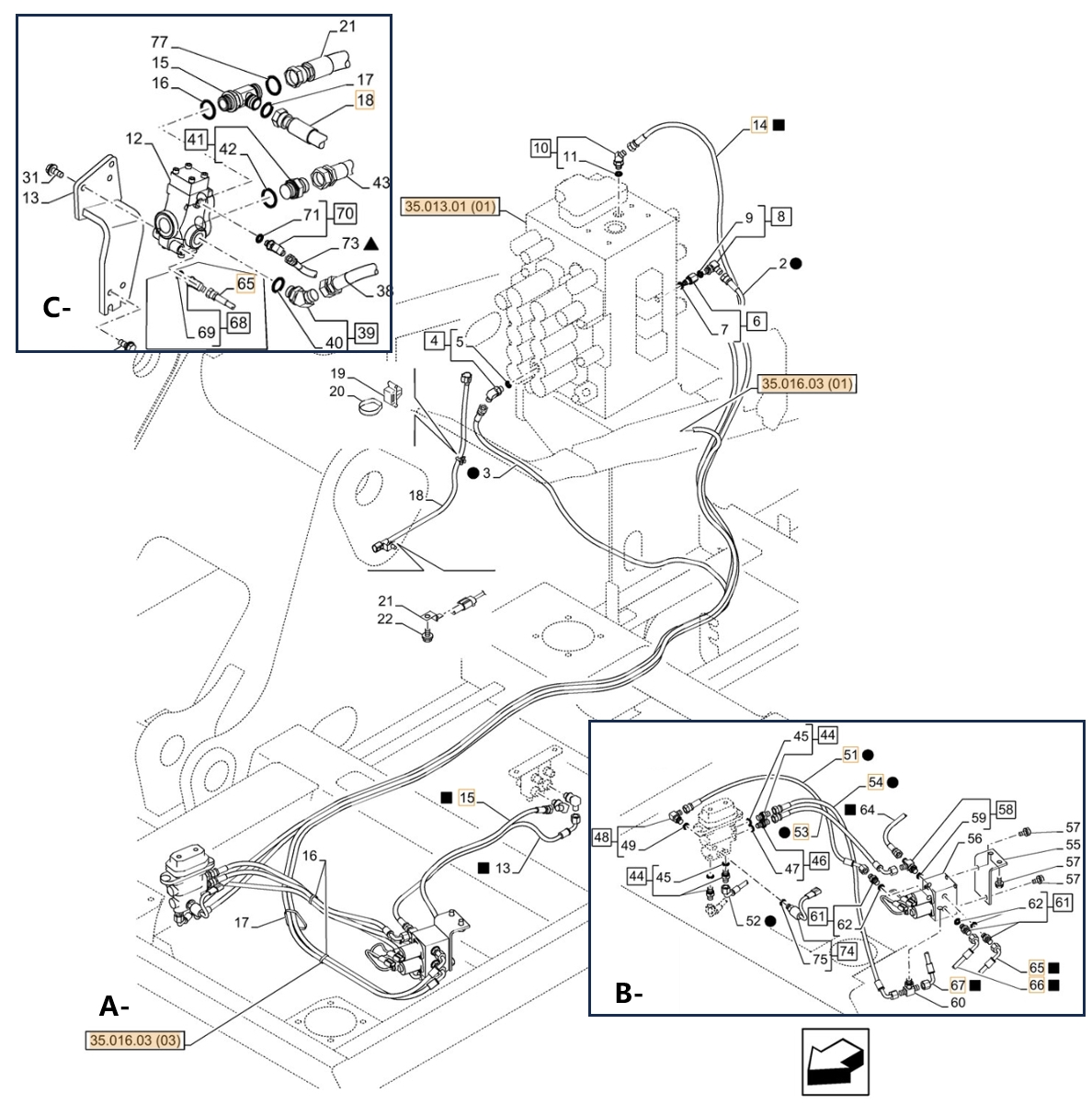 Case CX210C LC installation diagram showing hydraulic hose KHJ14650 at Pipe No. 51