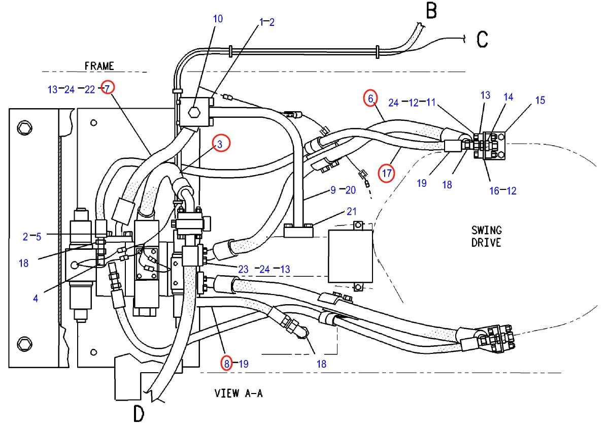 Caterpillar CAT®225D installation diagram showing hydraulic hose 2G-3738 at Pipe No. 17
