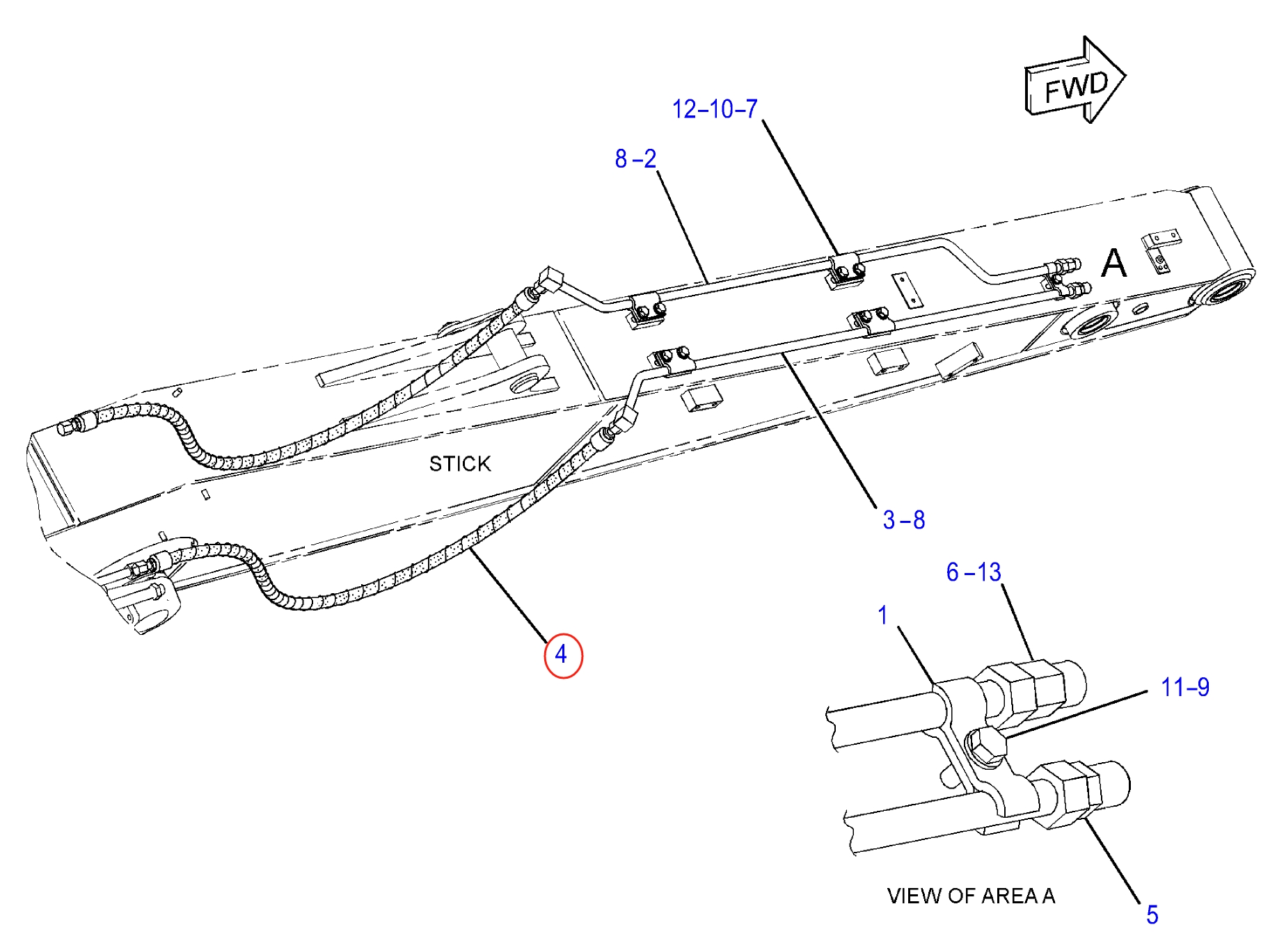 Caterpillar CAT®312E installation diagram showing hydraulic hose 363-2569 at Pipe No. 4