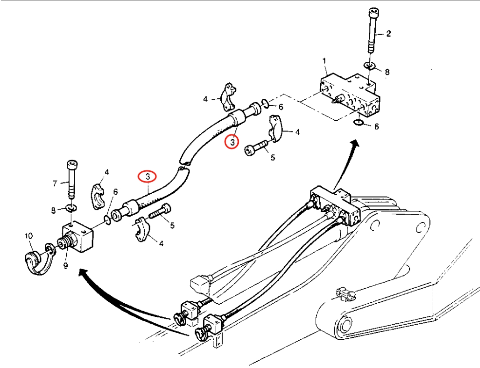 Caterpillar CAT®214B installation diagram showing hydraulic hose 8U-0663 at Pipe No. 3