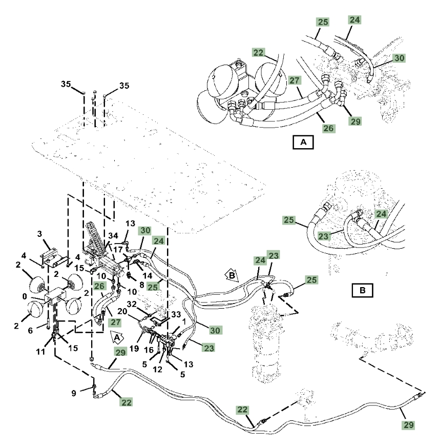 Hitachi ZX190W-6N installation diagram showing hydraulic hose 4724125 at Pipe No. 23
