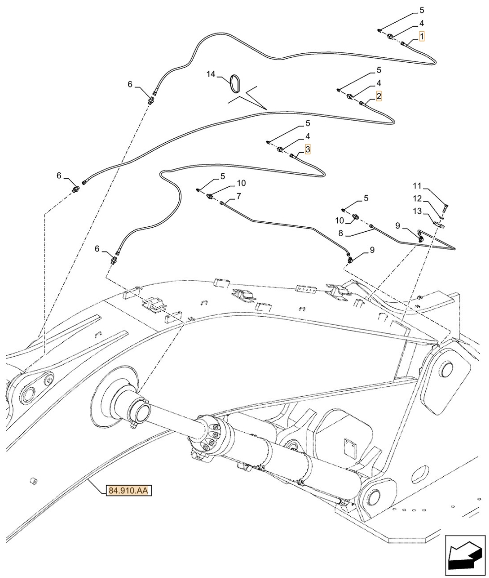 Case CX500D LC installation diagram showing hydraulic hose KHJ2082 at Pipe No. 1