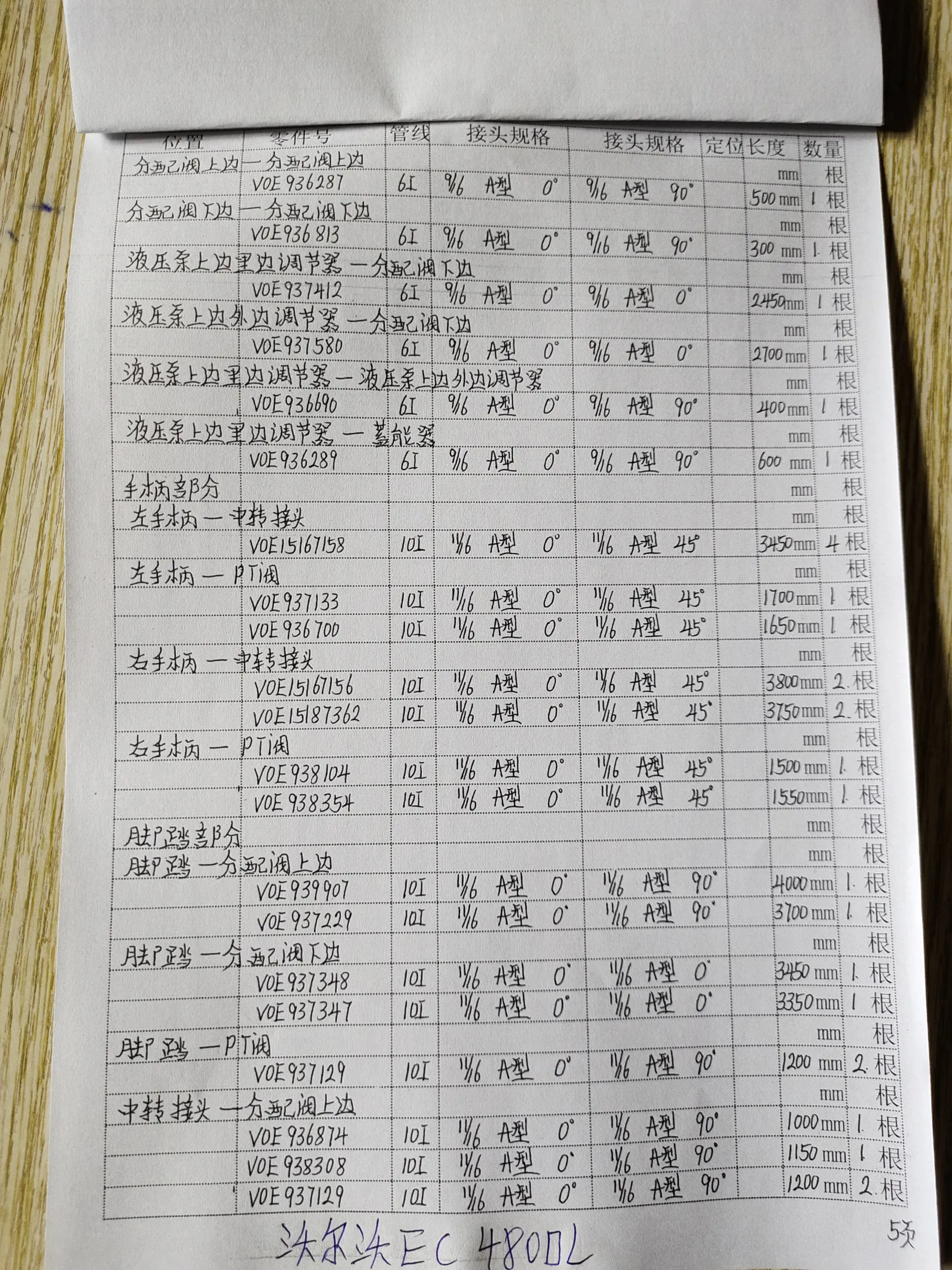 Volvo EC480DLC hydraulic hose part numbers and recorded lengths — technician notebook page 5 of 5 — recorded hose parts VOE15167158, VOE5167156, VOE936090
