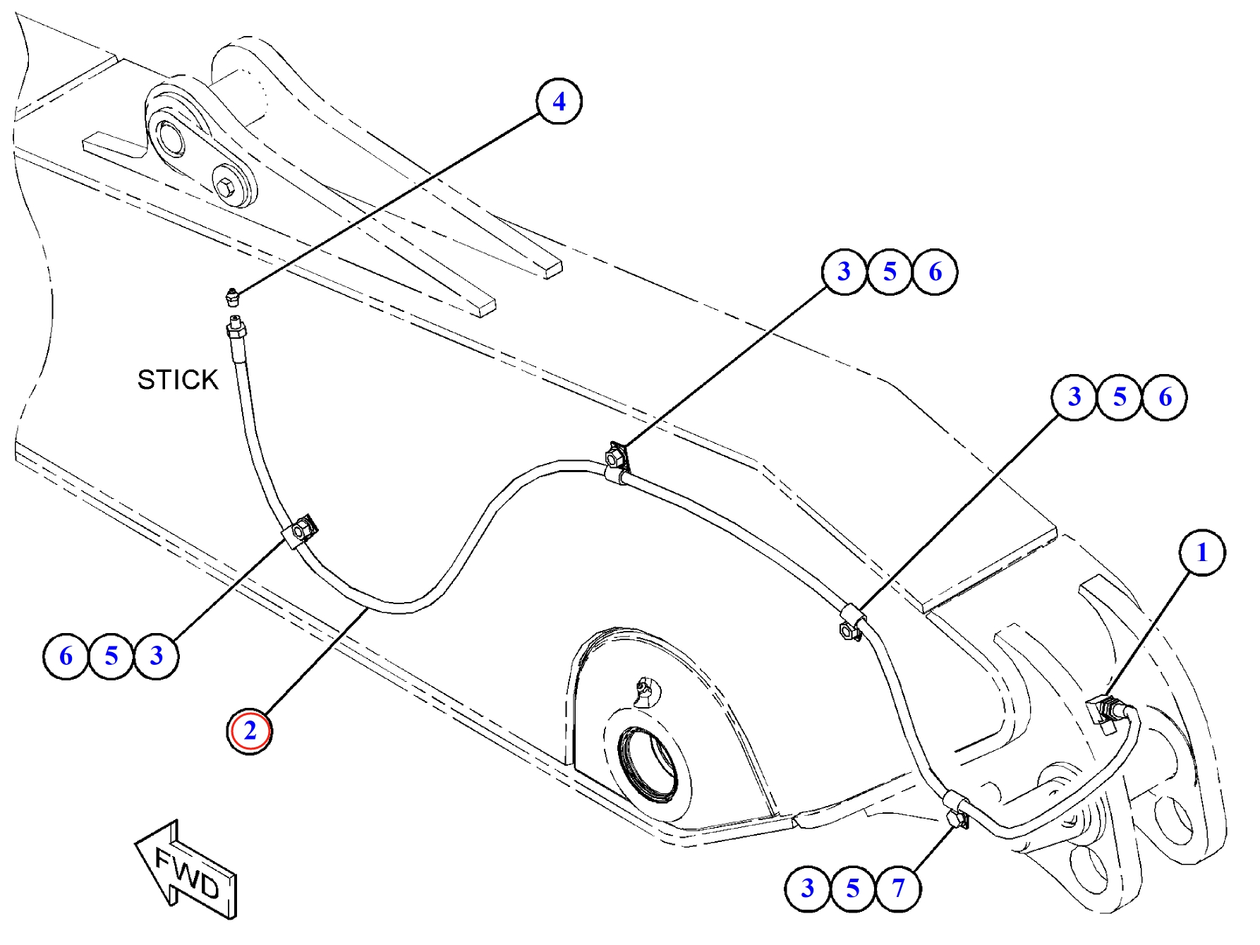 Caterpillar CAT®312D2 installation diagram showing hydraulic hose 203-7400 at Pipe No. 2