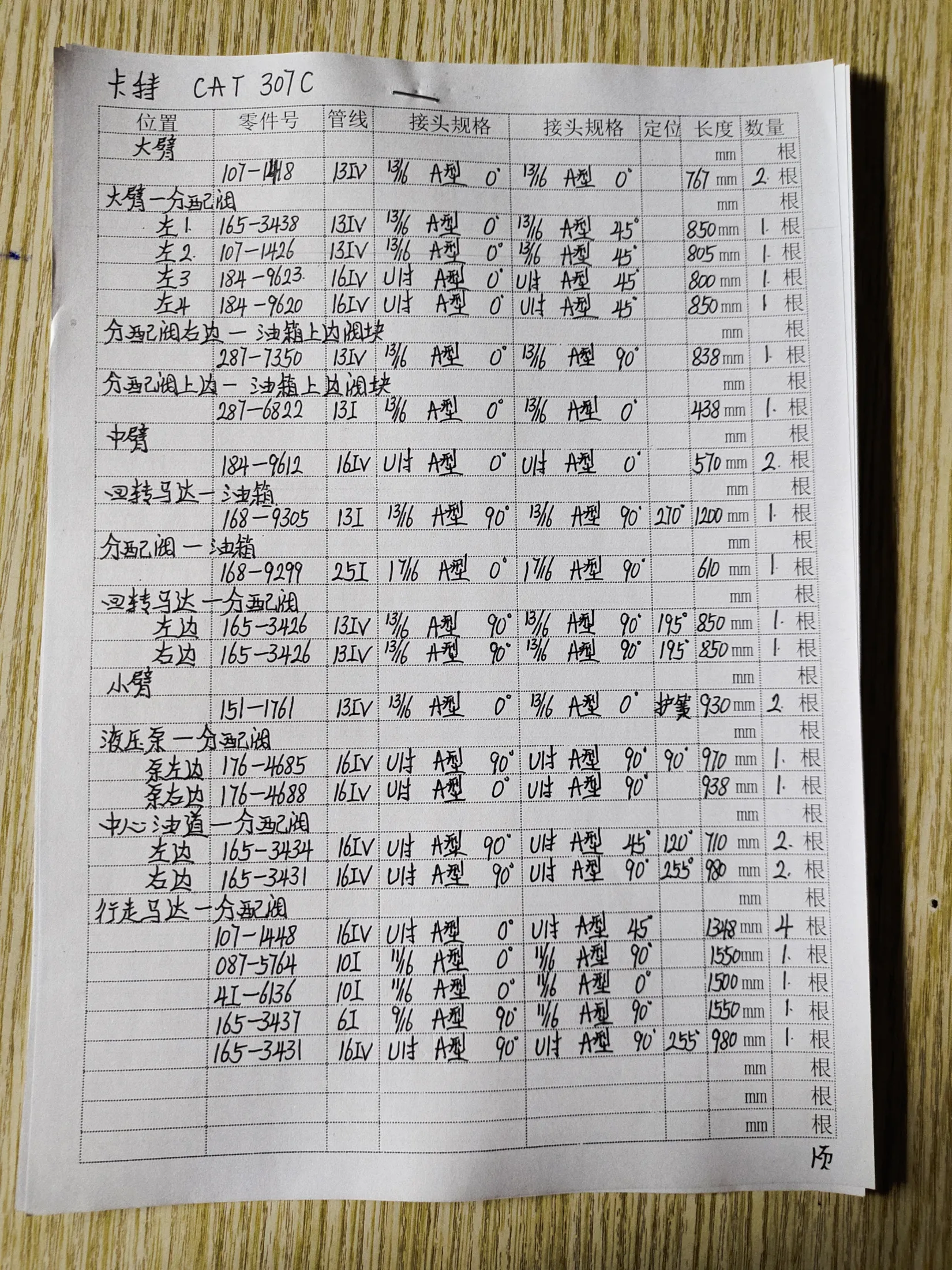 Caterpillar 307C hydraulic hose part numbers and recorded lengths — technician notebook page 1 of 4 — recorded hose parts 4I-613, X176-4088