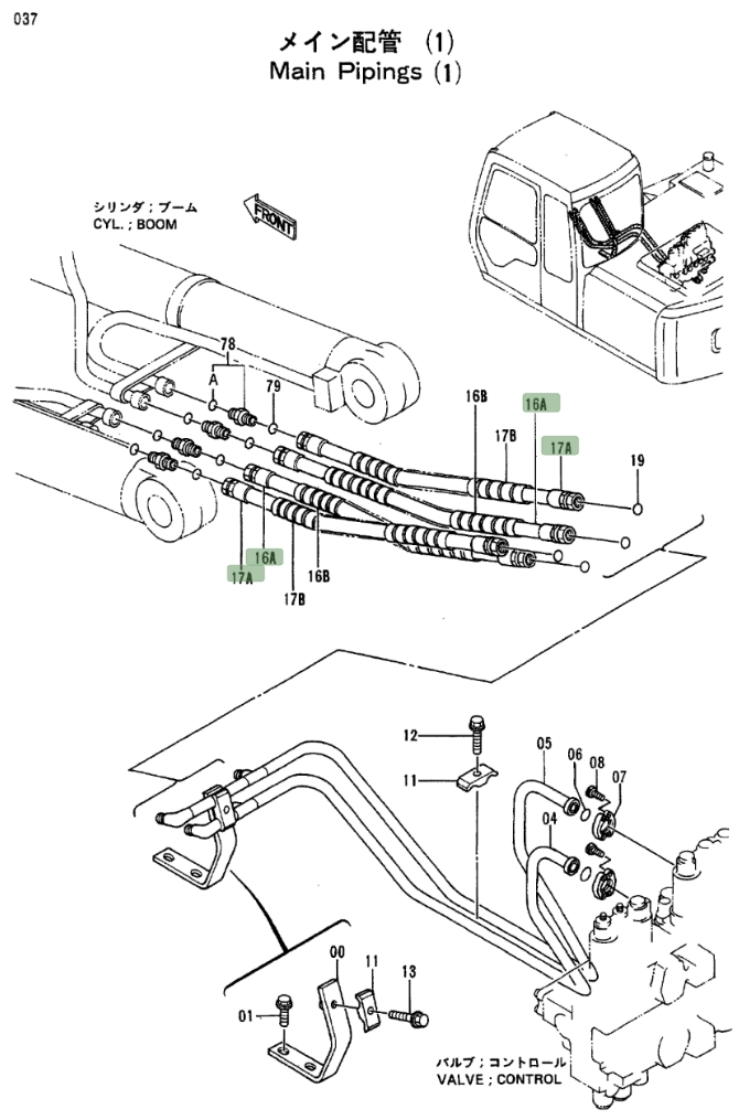Hitachi EX100-2 installation diagram showing hydraulic hose 4285464 at Pipe No. 17A