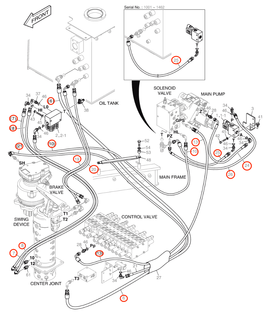 Doosan DX57W-5 installation diagram showing hydraulic hose DS2093013 at Pipe No. 25