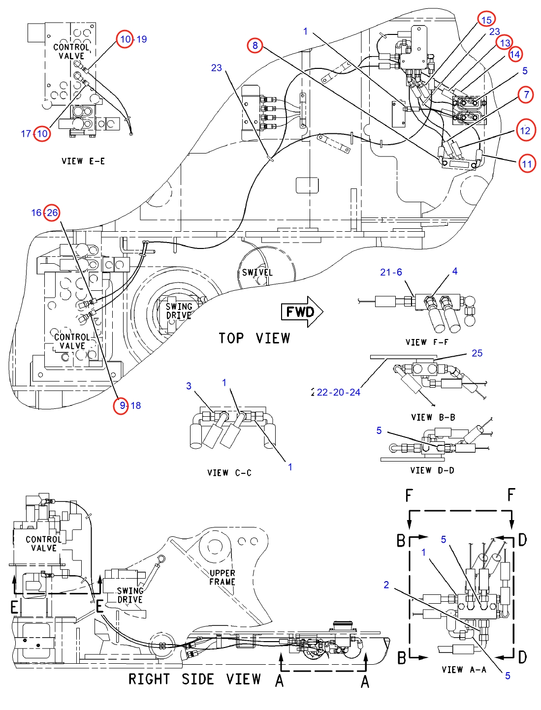 Caterpillar CAT®315C installation diagram showing hydraulic hose 179-7456 at Pipe No. 15
