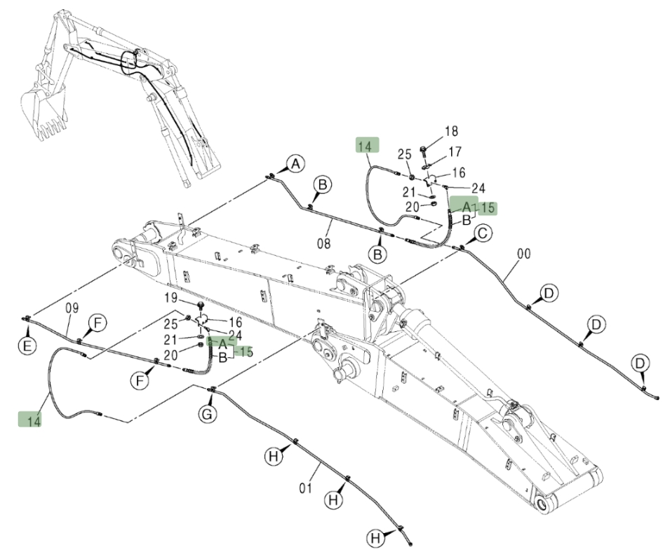 Hitachi ZX370 installation diagram showing hydraulic hose 4448556 at Pipe No. 15A