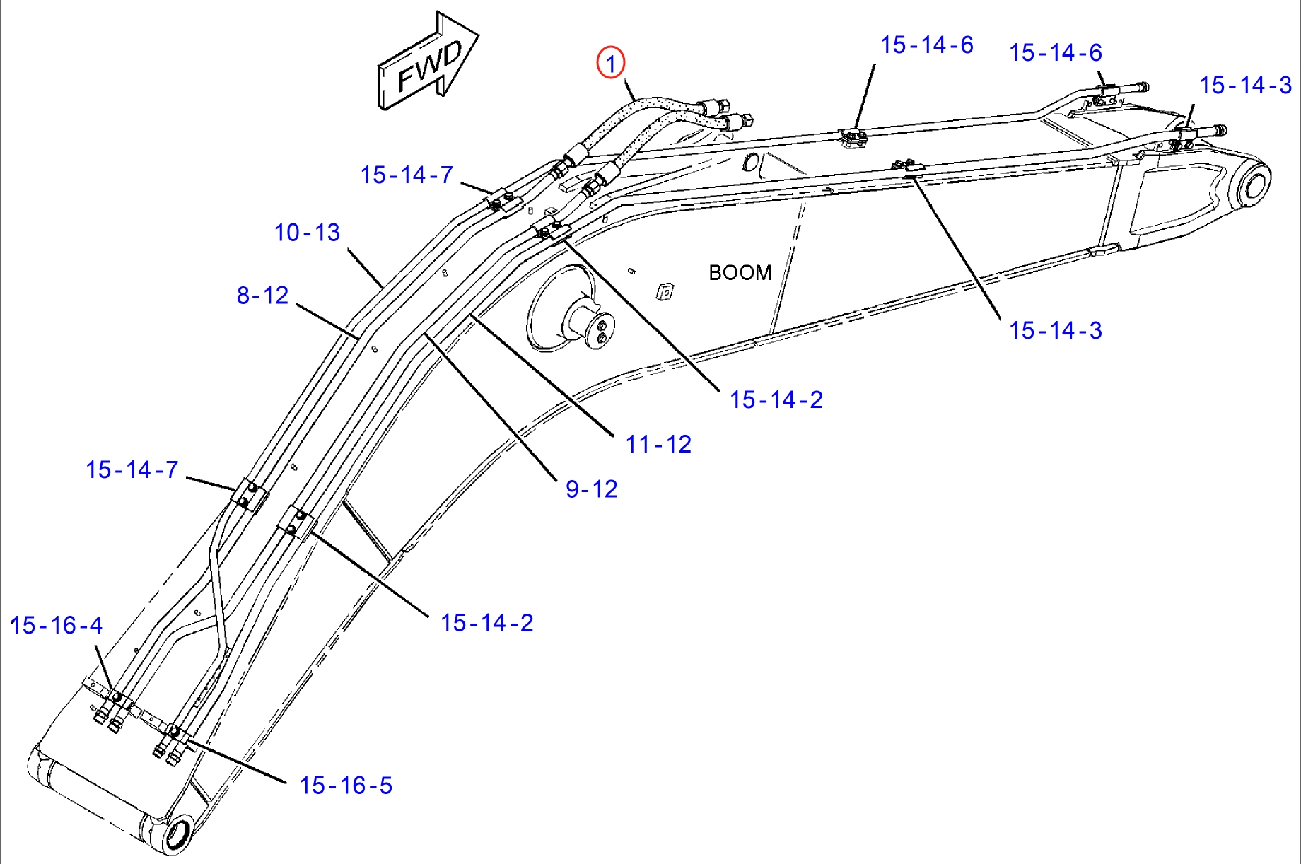 Caterpillar CAT®313D2 installation diagram showing hydraulic hose 4I-1095 at Pipe No. 1