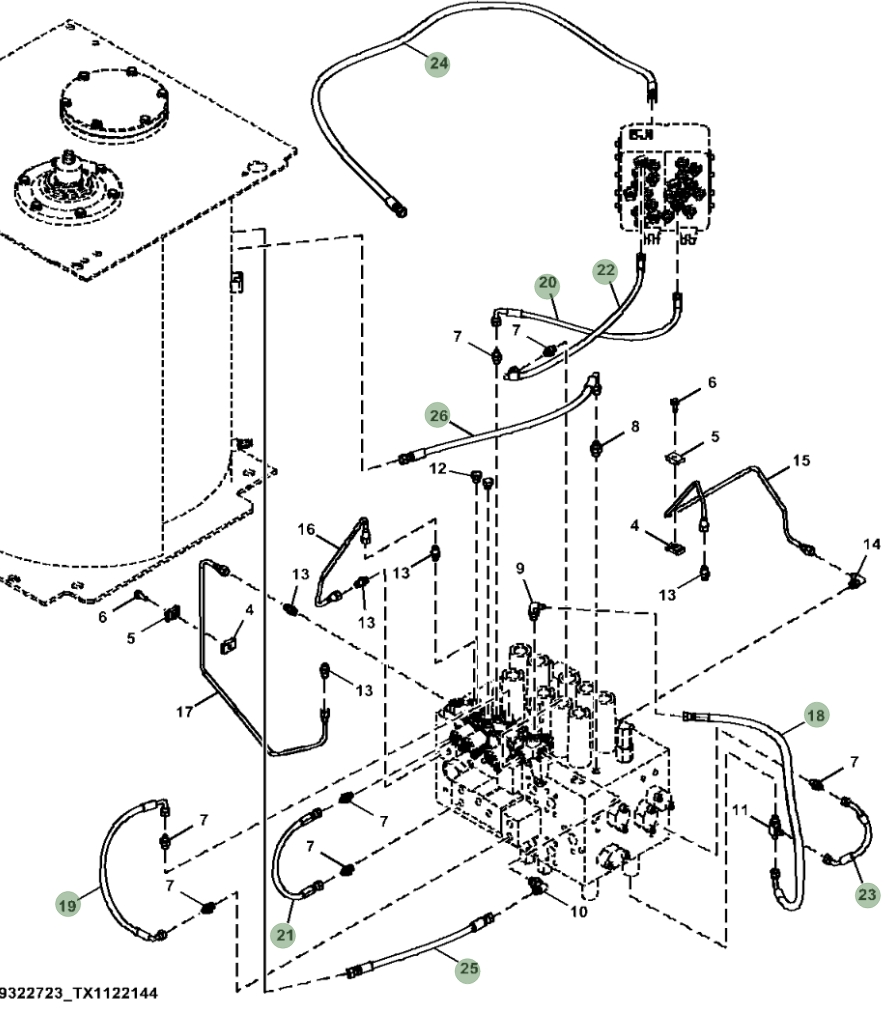 Hitachi ZX350LC-5G installation diagram showing hydraulic hose 4656806 at Pipe No. 19