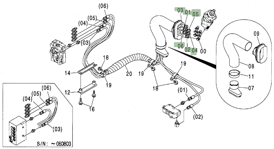 Hitachi ZX80 installation diagram showing hydraulic hose 4449982 at Pipe No. 1