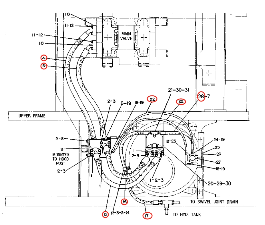 Caterpillar CAT®215C installation diagram showing hydraulic hose 6W-1342 at Pipe No. 17