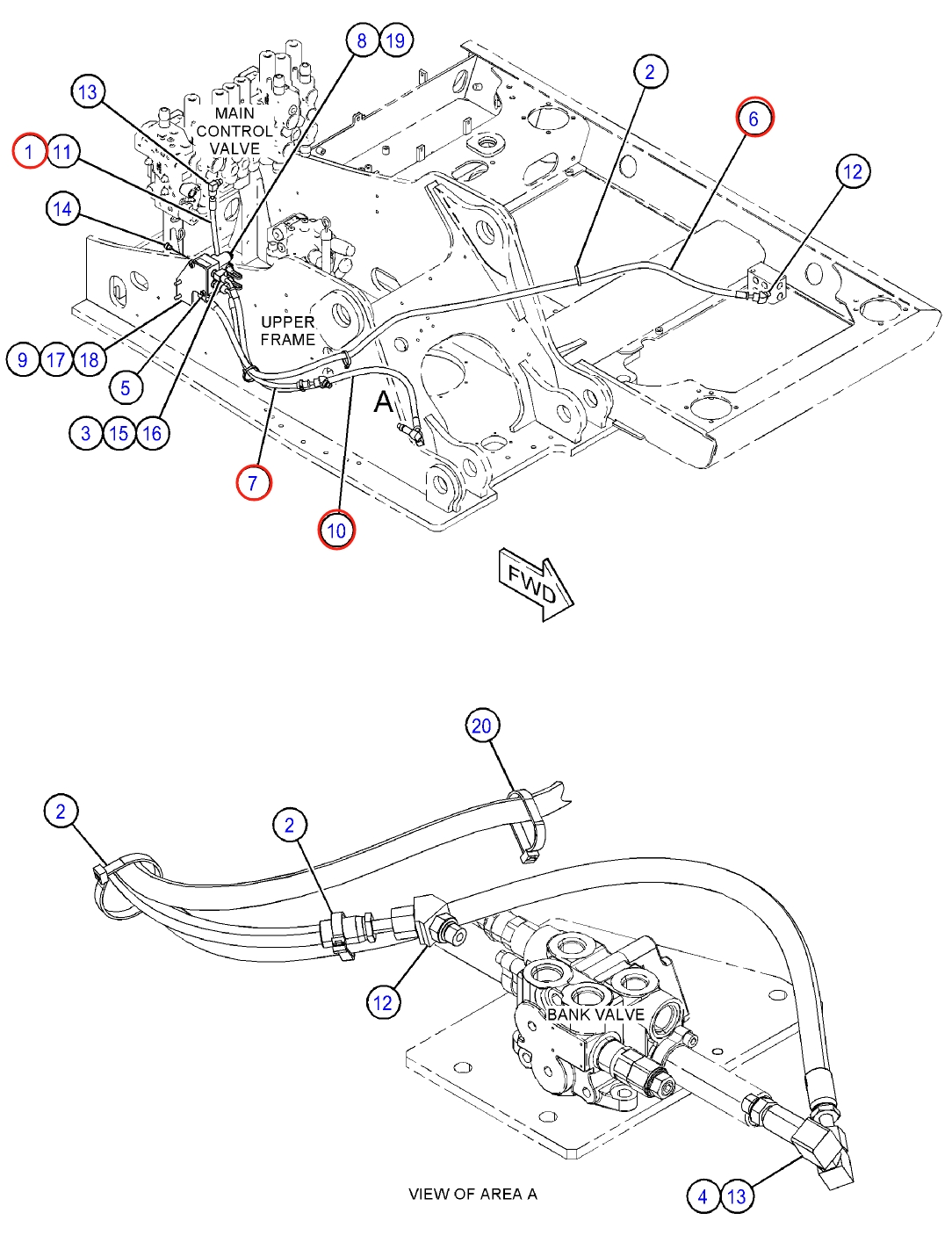 Caterpillar CAT®313F LGC installation diagram showing hydraulic hose 376-6356 at Pipe No. 6