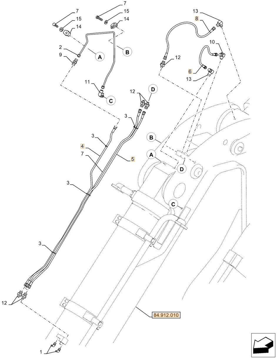 Case CX750D RTC ME installation diagram showing hydraulic hose KHJ2240 at Pipe No. 6