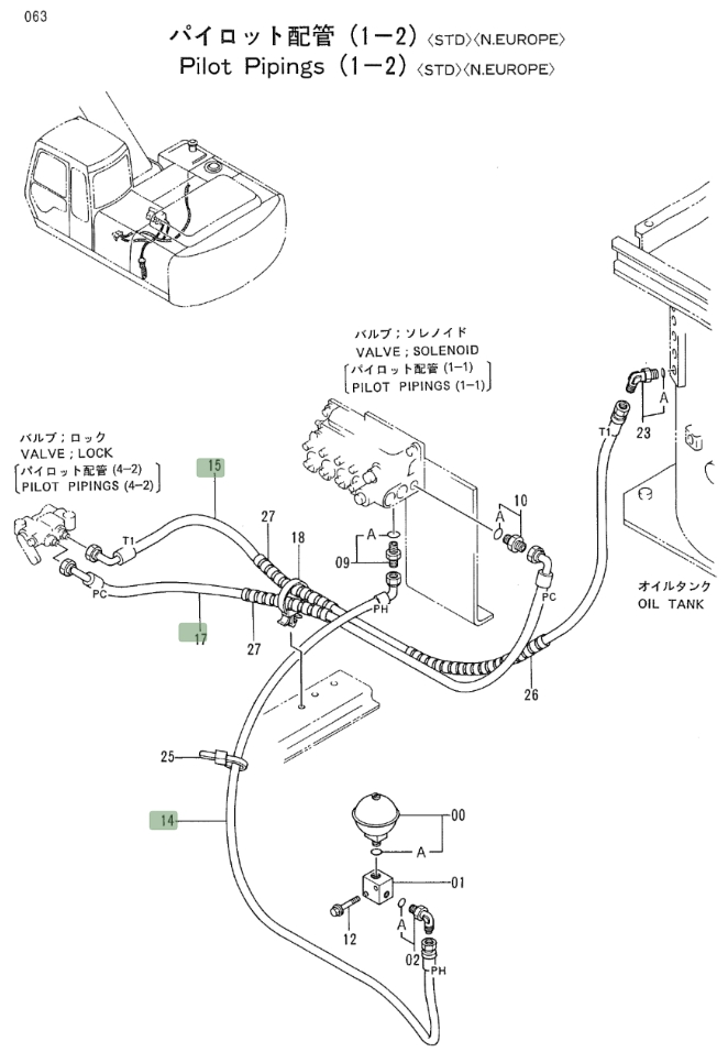 Hitachi EX200LC-2 installation diagram showing hydraulic hose 4305376 at Pipe No. 15