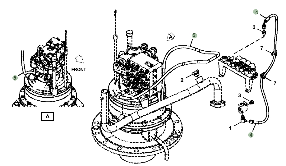 Hitachi ZX230W-5N installation diagram showing hydraulic hose 4728136 at Pipe No. 5