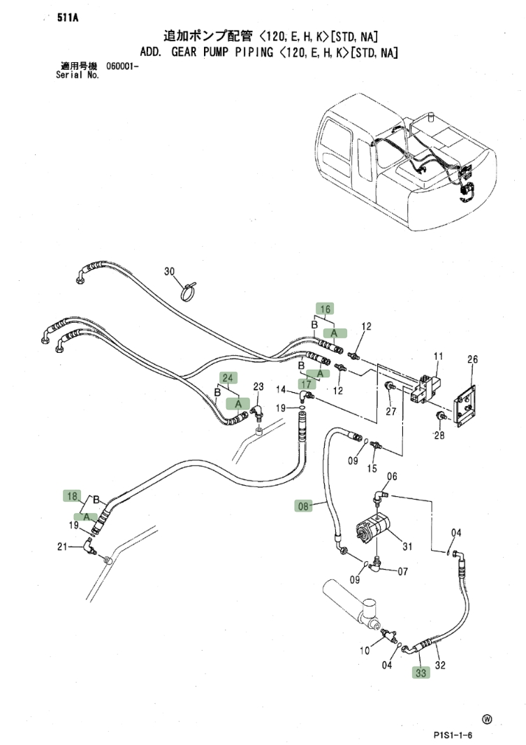 Hitachi ZX120 installation diagram showing hydraulic hose 4390647 at Pipe No. 24A