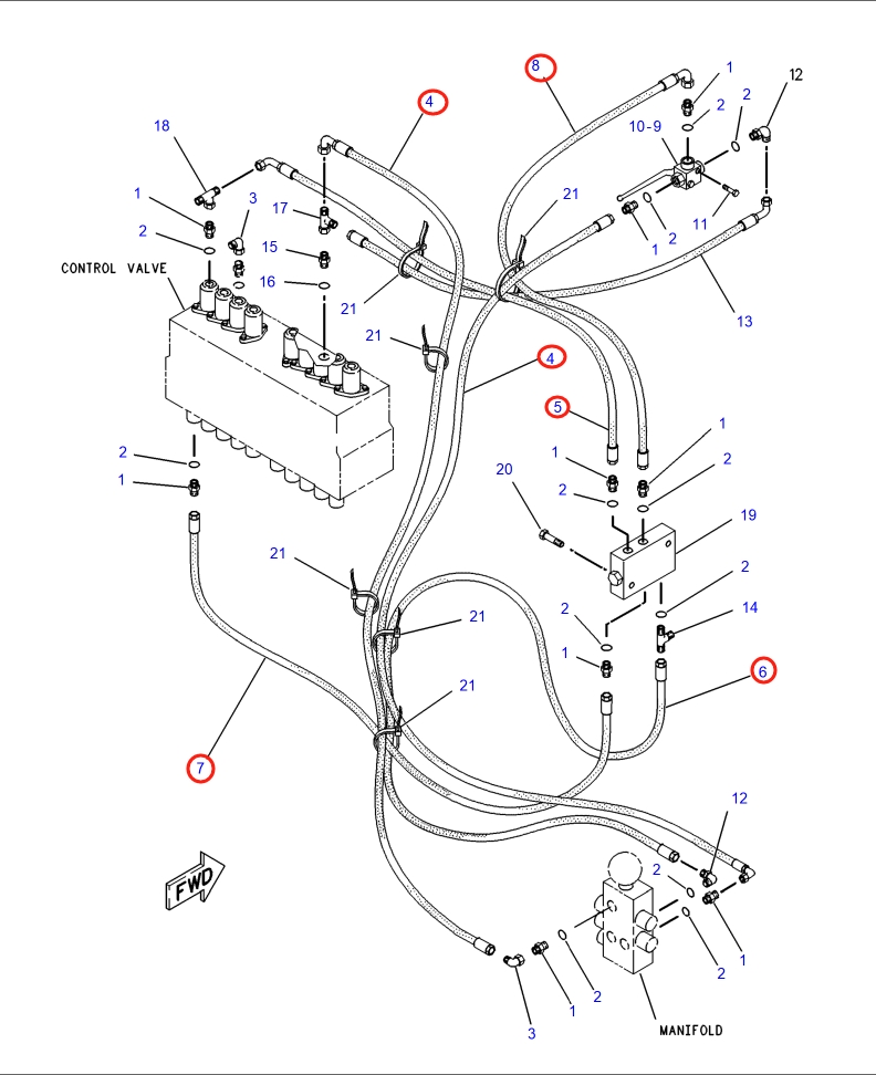 Caterpillar CAT®317-A N installation diagram showing hydraulic hose 5I-4487 at Pipe No. 6