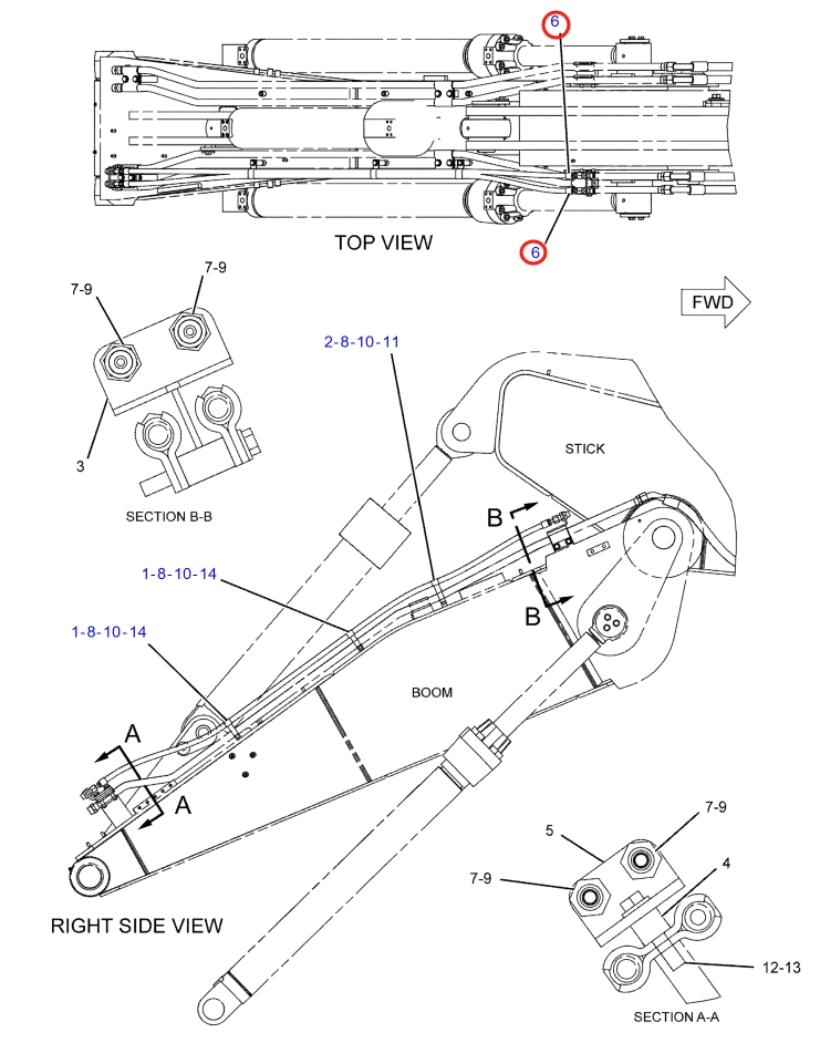 Caterpillar CAT®317B L installation diagram showing hydraulic hose 207-2627 at Pipe No. 6