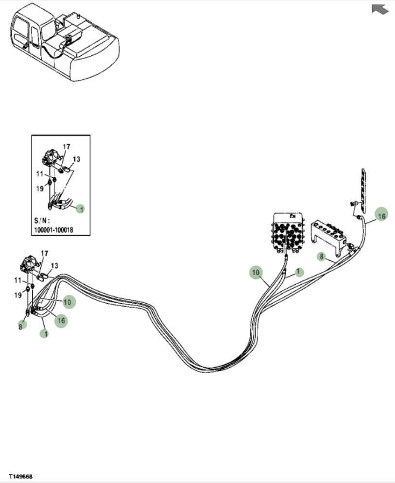 Hitachi ZX200F installation diagram showing hydraulic hose 4423270 at Pipe No. 8