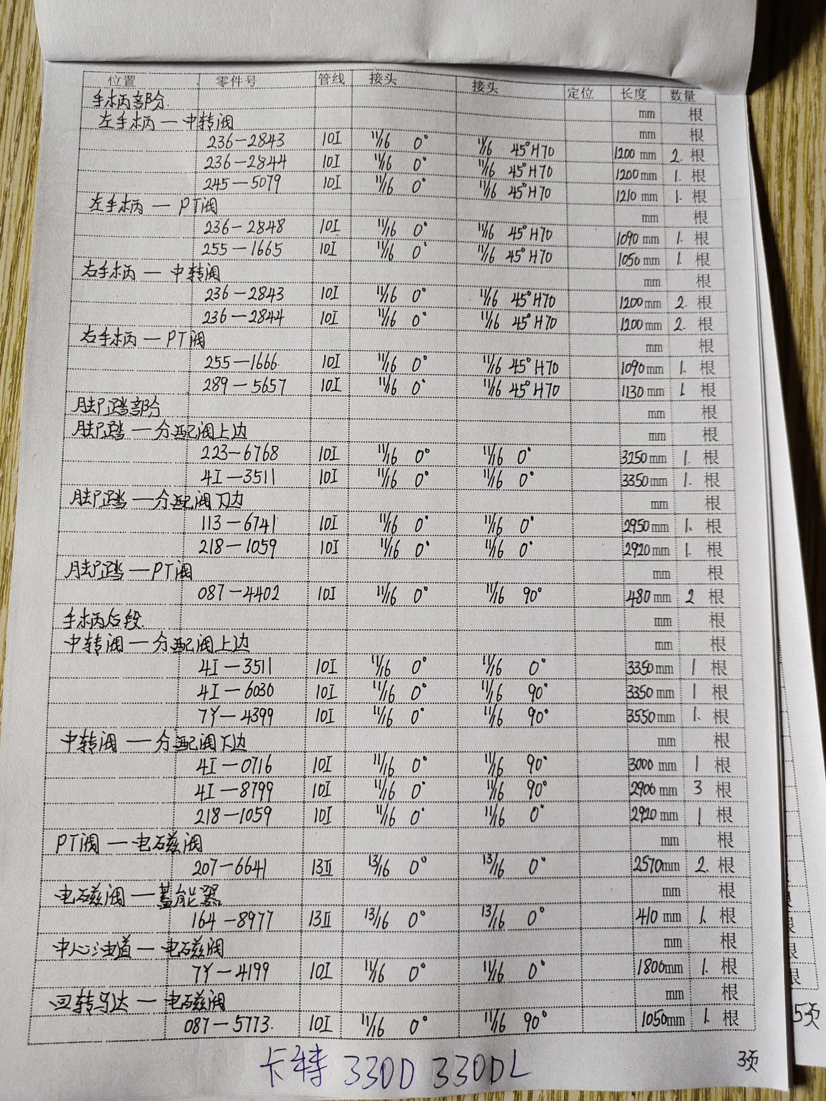 Caterpillar 330DL hydraulic hose part numbers and recorded lengths — technician notebook page 3 of 5 — recorded hose parts 4I-0716, 4I-351, 4I-3511